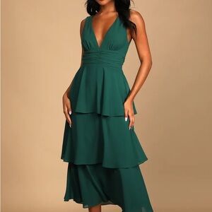 Lulus Celebration Time Emerald Green Sleeveless Tiered Midi Dress